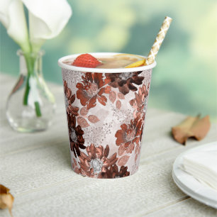 Watercolor brown grey floral pattern. paper cups