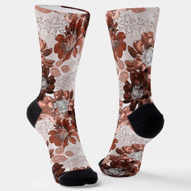 Watercolor brown grey floral pattern.  socks (Angled)