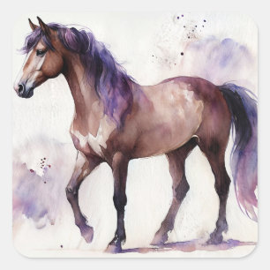Watercolor Brown Horse With Purple Square Sticker