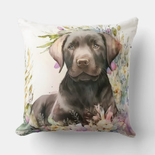 Watercolor Brown Labrador Retriever and Flowers Cushion