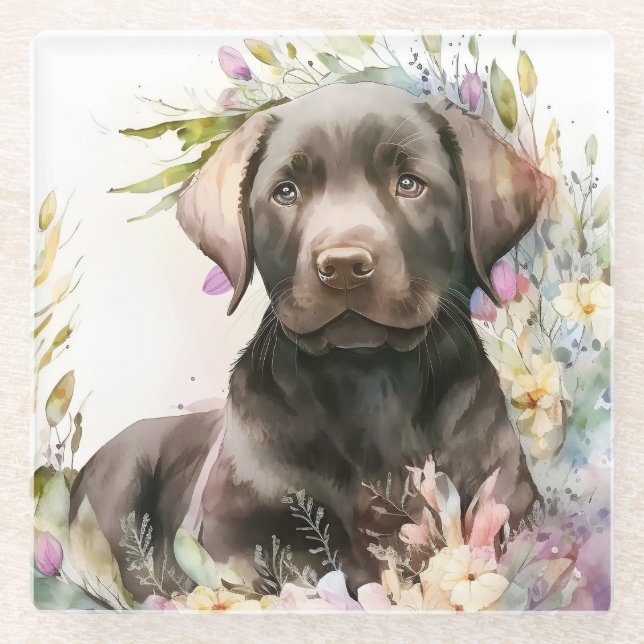 Watercolor Brown Labrador Retriever and Flowers Glass Coaster (Front)
