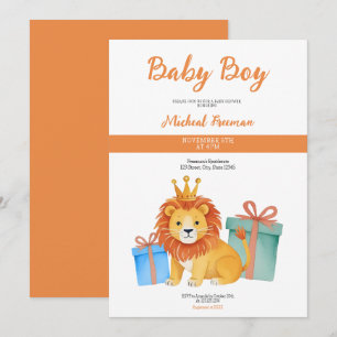 Watercolor Brown Lion Boy Themed Baby Shower Invitation