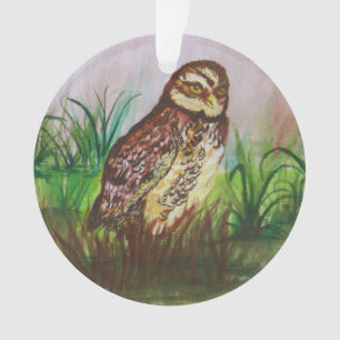 Watercolor Brown Owl with Green Leaves Background Ornament