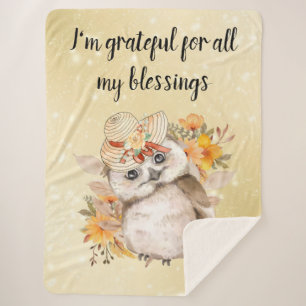 Watercolor Brown Owl with Green Leaves Background Sherpa Blanket