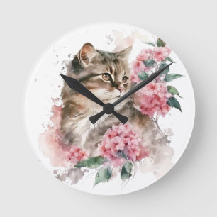 WATERCOLOR BROWN TABBY CAT WITH PINK FLOWERS ROUND CLOCK
