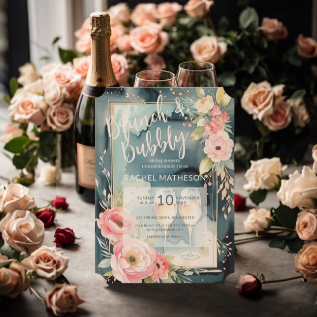 Watercolor brunch and bubbly bridal shower invitation (Brunch and bubby bridal shower invitation featuring watercolor floral and champagne glasses.)