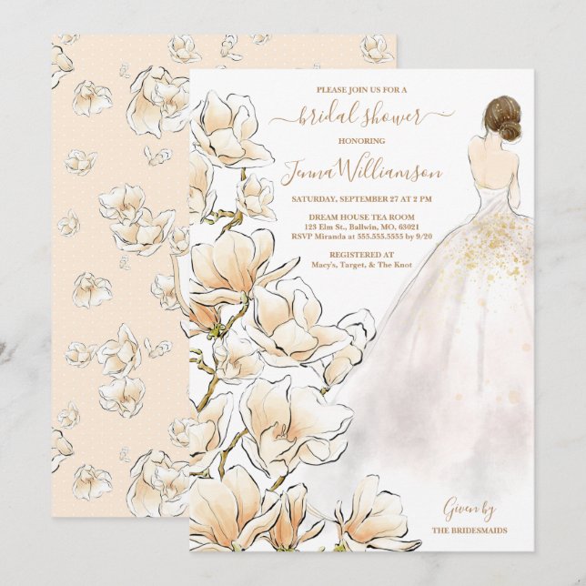 Watercolor Brunette Bride Magnolia Bridal Shower Invitation (Front/Back)