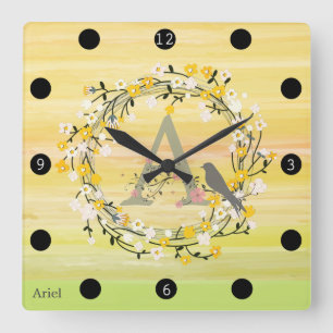Watercolor Brush Lines, Spring Wreath Monogram Square Wall Clock