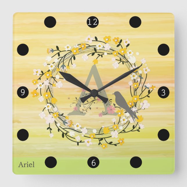 Watercolor Brush Lines, Spring Wreath Monogram Square Wall Clock (Front)