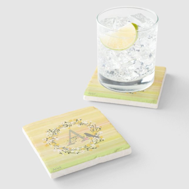 Watercolor Brush Lines, Spring Wreath Monogram Stone Coaster (Side)