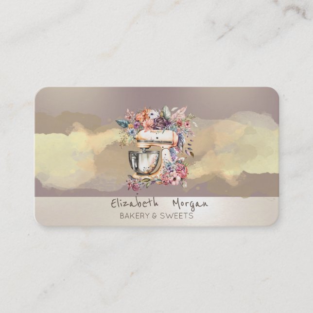  Watercolor Brush Stroke Floral Cake Mixer Business Card (Front)