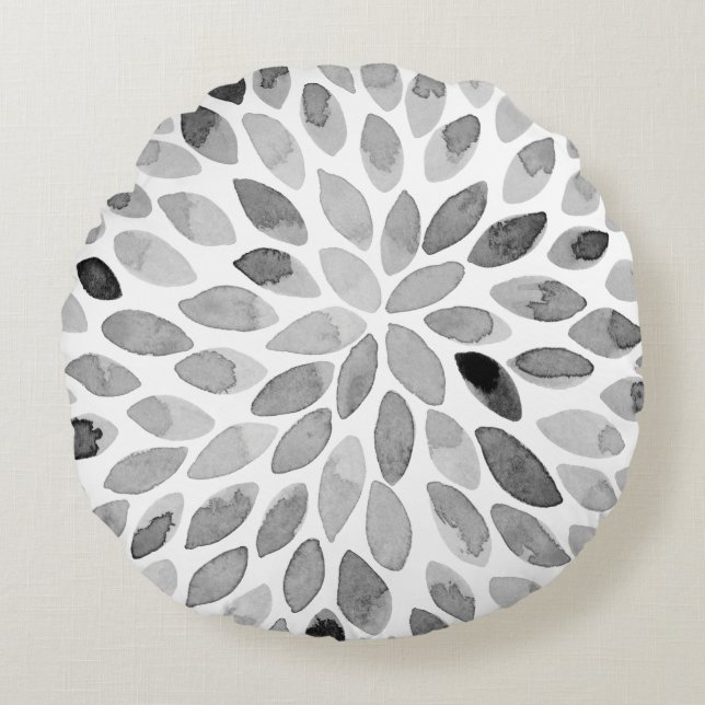 Watercolor brush strokes – black and white round cushion (Front)