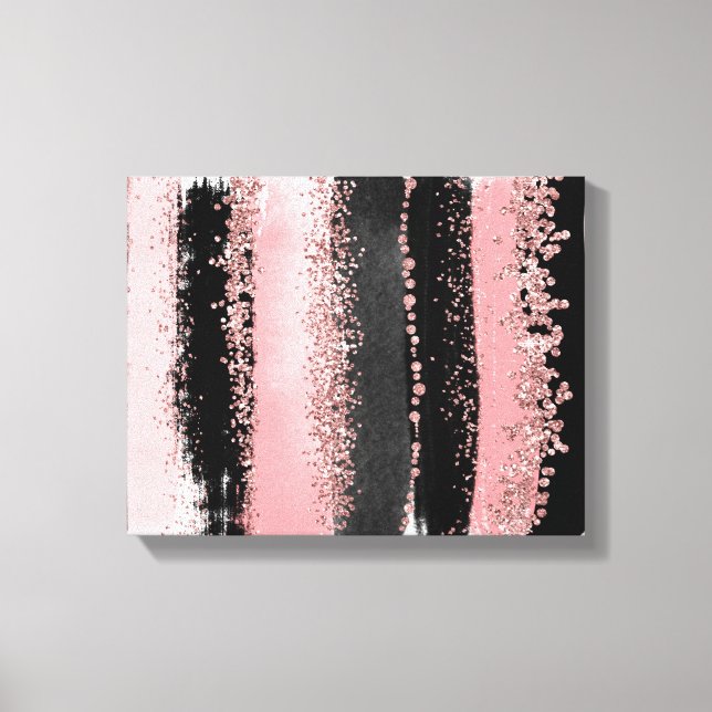Watercolor Brush Strokes Rose Gold Faux Glitter Canvas Print (Front)
