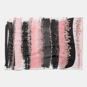 Watercolor Brush Strokes Rose Gold Faux Glitter Tea Towel