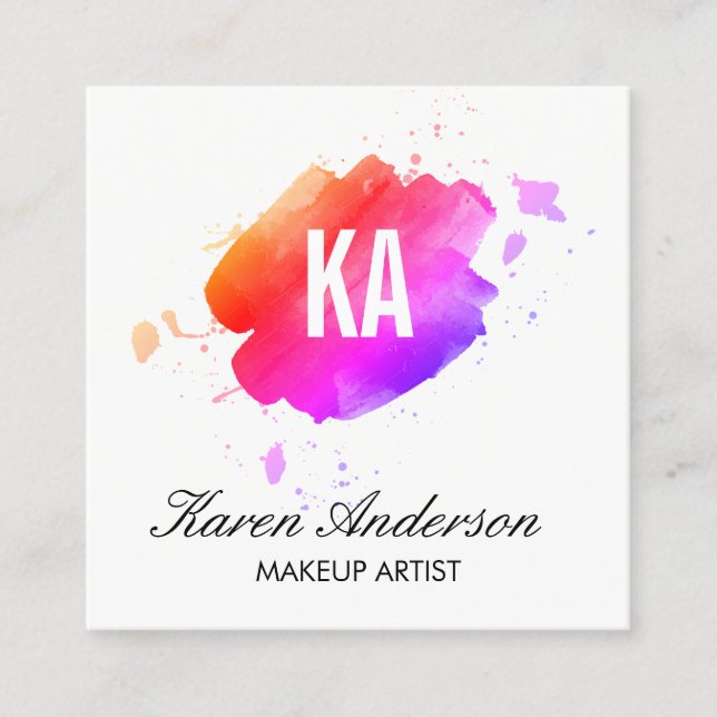 Watercolor brushed Stylist Monogram Square Business Card (Front)