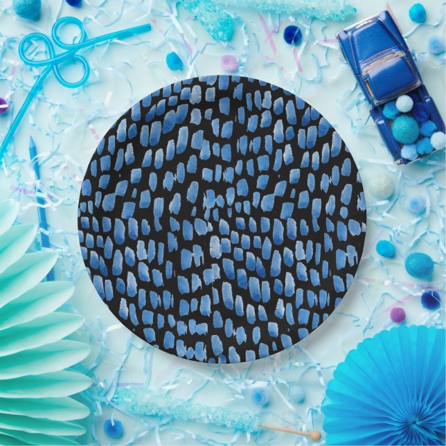 Watercolor brushstrokes Shibori blue on black  Paper Plate (Party)