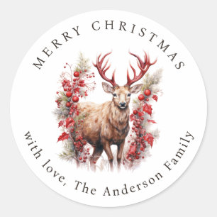 Watercolor Buck Christmas Classic Round Sticker
