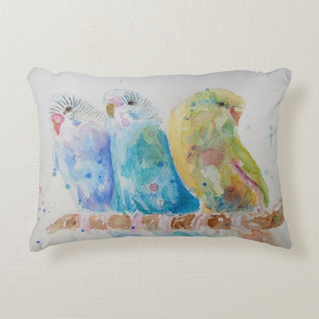 Watercolor Budgie painting Bird Decor Cushion (Front)