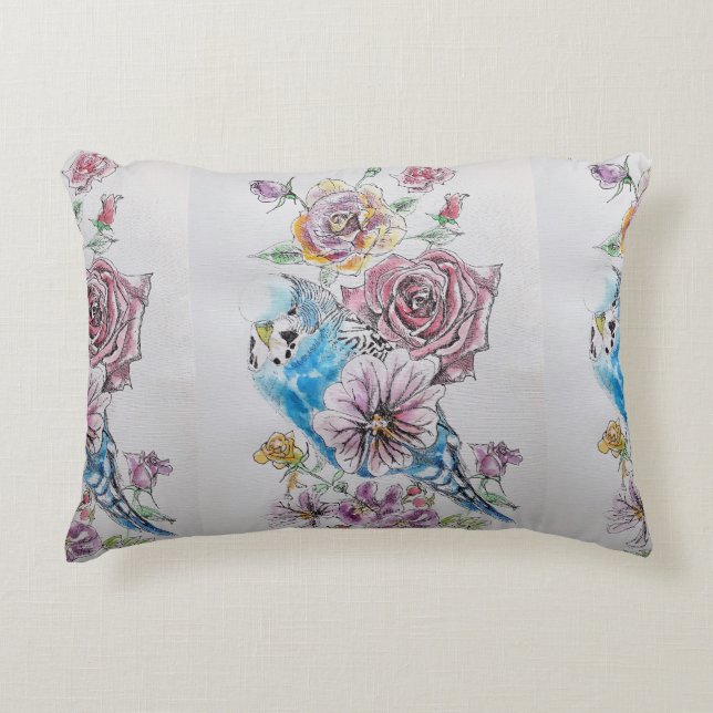 Watercolor Budgie painting Bird & Roses Cushion (Front)