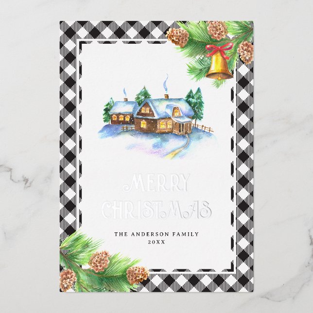 Watercolor Buffalo Plaid Silver Foil Holiday Card (Front)