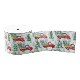 Watercolor Buffalo Plaid Vintage Truck Christmas Grosgrain Ribbon