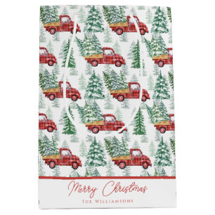Watercolor Buffalo Plaid Vintage Truck Christmas Medium Gift Bag