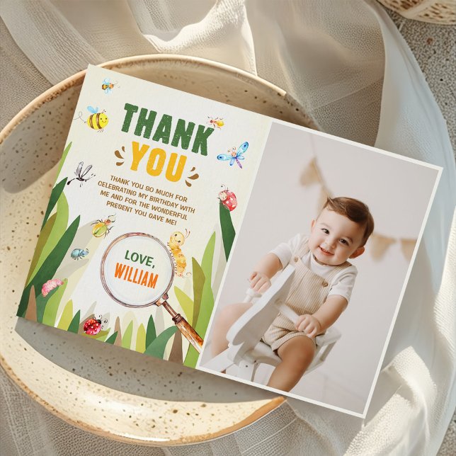 Watercolor Bug Insect Boy Birthday Photo Thank You Card (Creator Uploaded)