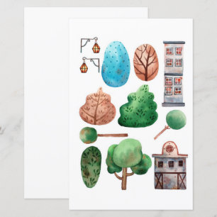 Watercolor buildings trees to cut out and collage