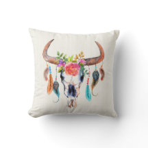 Watercolor Bull Skull And Indian Symbols