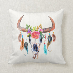 Watercolor Bull Skull And Indian Symbols Cushion