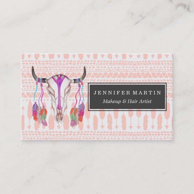 Watercolor Bull Skull Feathers and Arrow Aztec Business Card (Front)