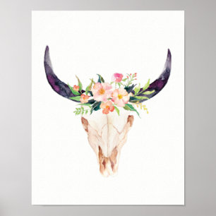 Watercolor Bull Skull with Pink Flowers Poster