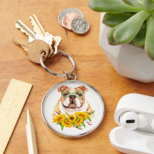 Watercolor Bulldog & Sunflowers Key Ring
