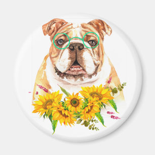 Watercolor Bulldog & Sunflowers  Magnet