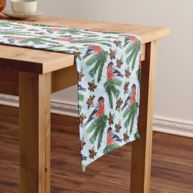 watercolor bullfinch short table runner (In Situ)