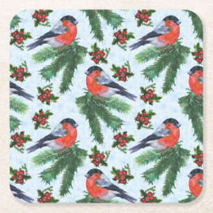 watercolor bullfinch square paper coaster