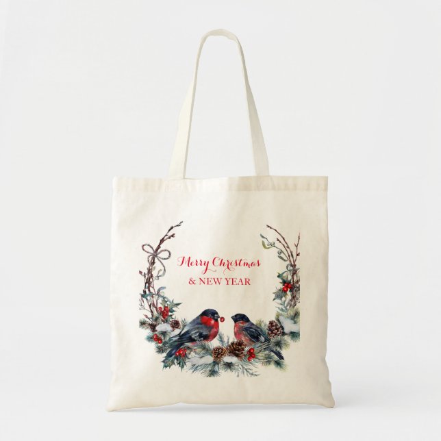 Watercolor Bullfinches Wreath And Birds Tote Bag (Front)