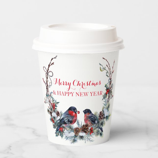Watercolor Bullfinches Wreath - Merry Christmas Pa Paper Cups (Front)