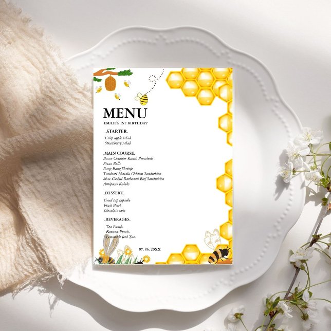Watercolor bumble bee floral Birthday Party Menu (Creator Uploaded)