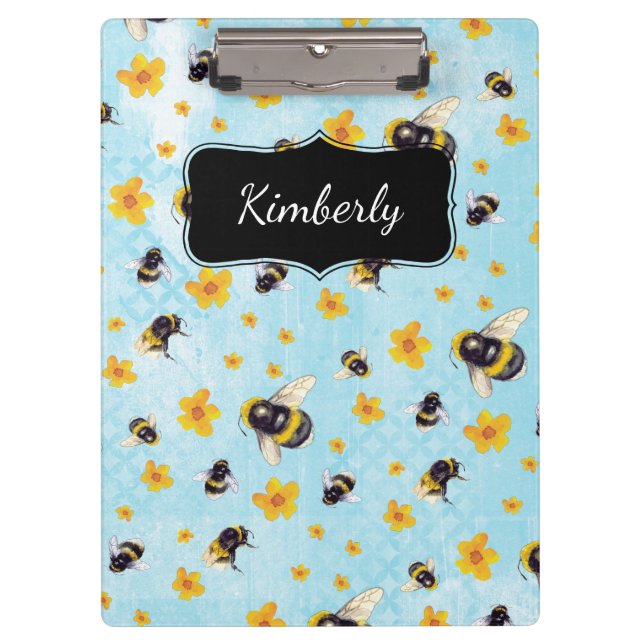 Watercolor Bumble Bee Personalised Pocket Folder Clipboard (Front)