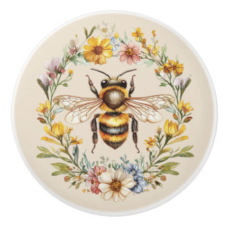 Watercolor Bumblebee Floral Wreath Charm Ceramic  Ceramic Knob