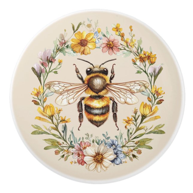 Watercolor Bumblebee Floral Wreath Charm Ceramic  Ceramic Knob (Front)