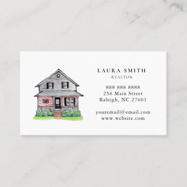 Watercolor Bunglow Real Estate Broker Agent Business Card (Front)