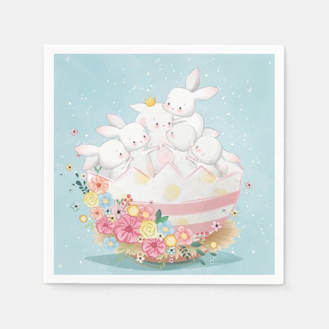 Watercolor Bunnies in Flower Easter Egg Napkin (Front)