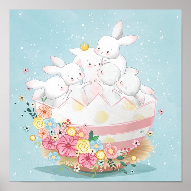 Watercolor Bunnies in Flower Easter Egg Poster (Front)
