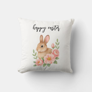 Watercolor Bunnt and Pink Floral Wreath Easter Cushion