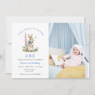 Watercolor bunny 1st birthday Photo Invitation