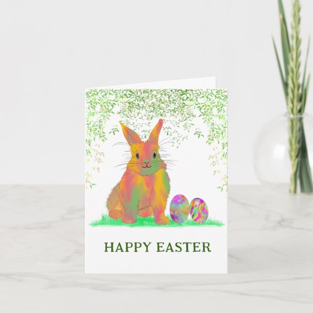 Watercolor Bunny and Eggs Happy Easter Holiday Card (Front)