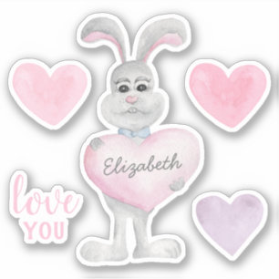 Watercolor bunny and hearts. Valentines day Love