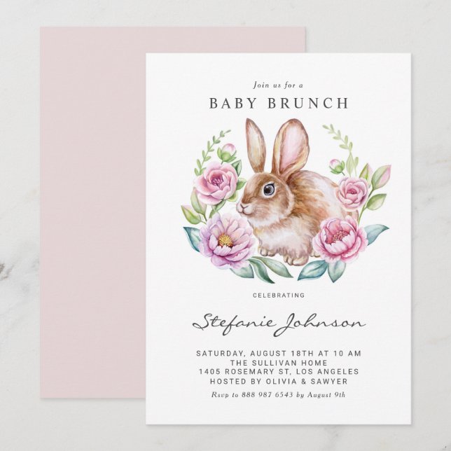 Watercolor Bunny and Pink Flowers Baby Brunch Invitation (Front/Back)